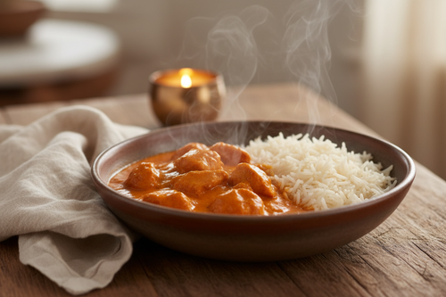 Rich creamy butter chicken in a rustic ceramic bowl with fluffy basmati rice, warm candlelight and wooden table