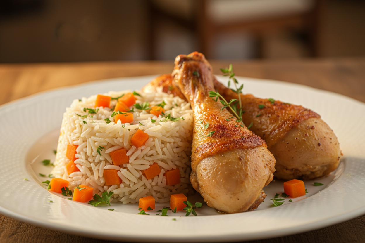 Roasted Chicken Drumsticks with Basmati Rice and Chopped Carrots